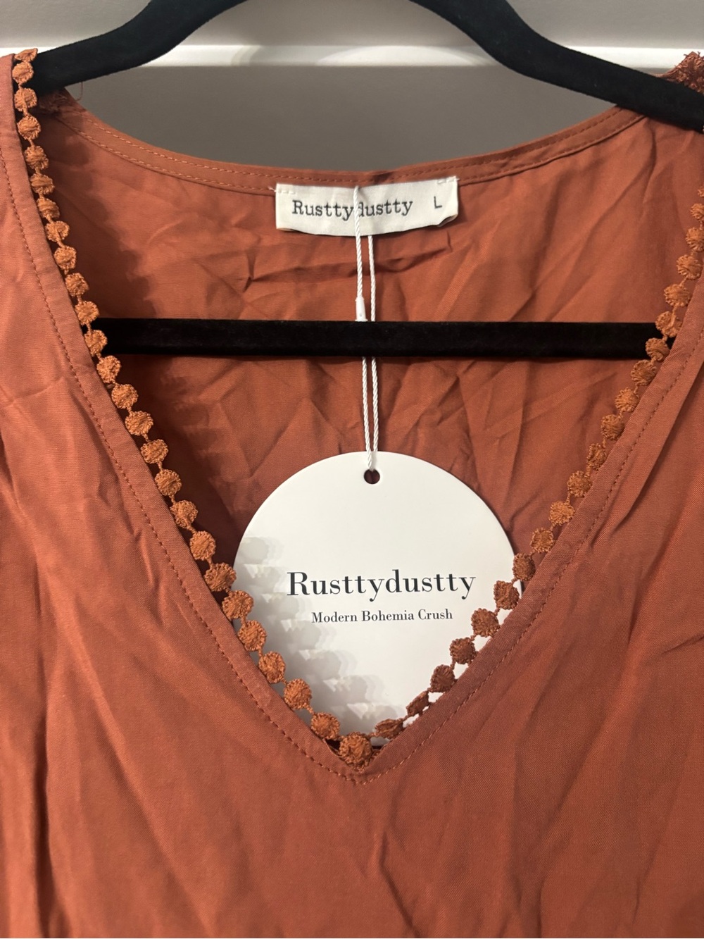 RusttyDustty Women's V-Neck Crochet Sleeve Blouse - Rust Orange - Picture 4 of 5